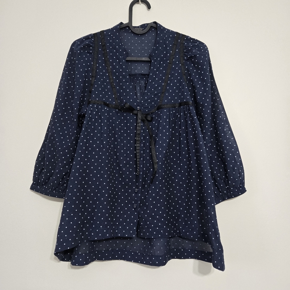 We The Free Polkadot Button Up Blue Blouse Ribbon Detail S